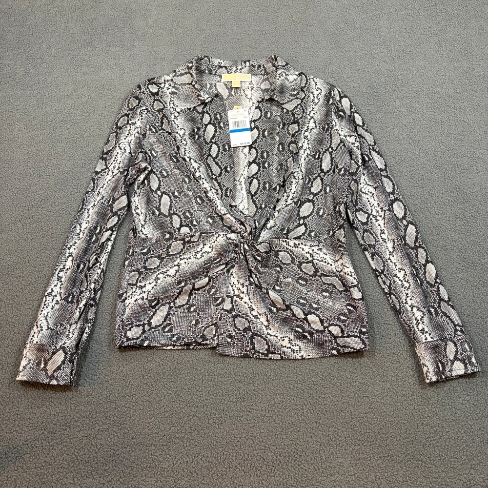 Michael Kors Blouse Womens P/XL Black Snakeskin Print Twist Front Metallic Top